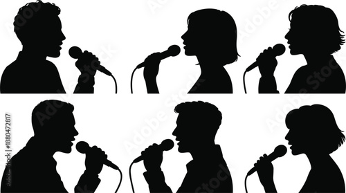 Silhouettes of people speaking into microphones, vocal performance icons for creative digital media design