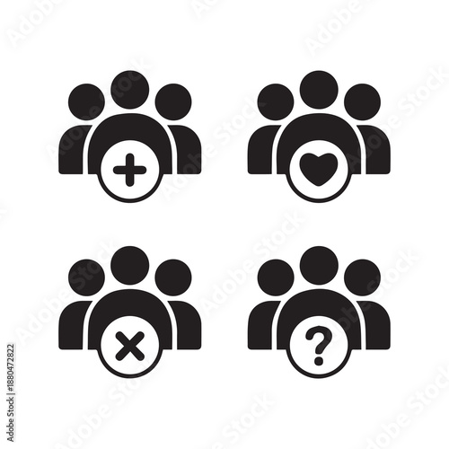 Group of stylized figures with symbols for addition love rejection and questioning in minimalist design
