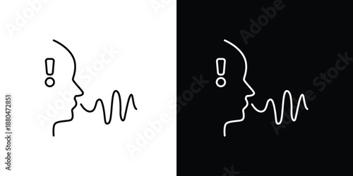 Outline of a human head with sound waves and an exclamation mark, symbolizing important vocal communication, alert, or warning message concept for notifications