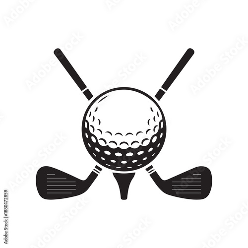 Iconic golf emblem featuring a dimpled ball on a tee between two crossed clubs symbolizing sport competition and leisurely outdoor recreation activities