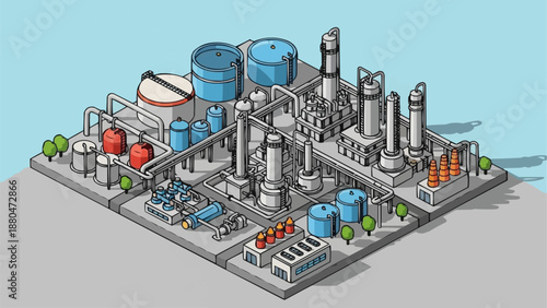 Industrial Factory Complex with Tanks and Pipes.