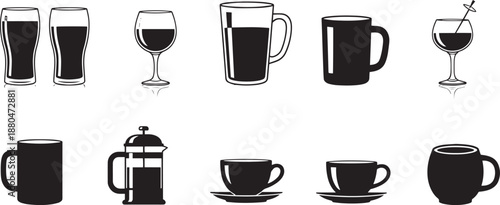 Beverage glass and mug vector black icons set on transparent background