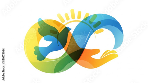 Interconnected hands in a circle with sunburst symbolizing unity cooperation and environmental harmony with diverse human elements