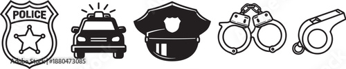 Police badge car hat handcuffs whistle icon set vector illustration
