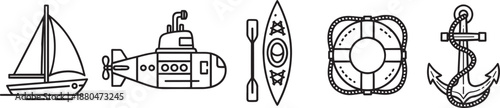 Maritime sea transport and nautical equipment outline vector icons