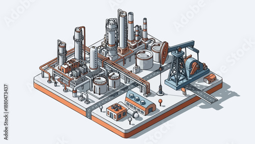 Industrial Oil Refinery Plant with Pumpjack and Storage Tanks.