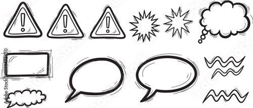 Hand drawn speech bubbles warning signs doodle elements sketch collection set
