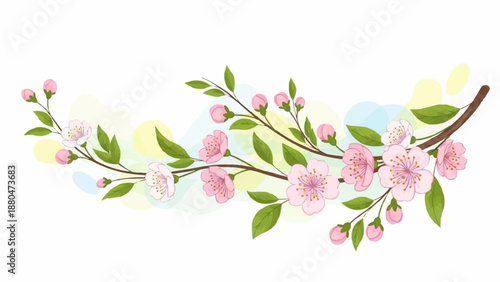 Delicate Cherry Blossom Branch with Buds and Leaves.