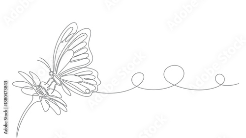 A single line drawing of a butterfly landing on a flower with a whimsical trail.