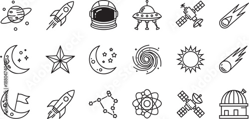 Set of space and astronomy outline icons showing planets satellites and rockets