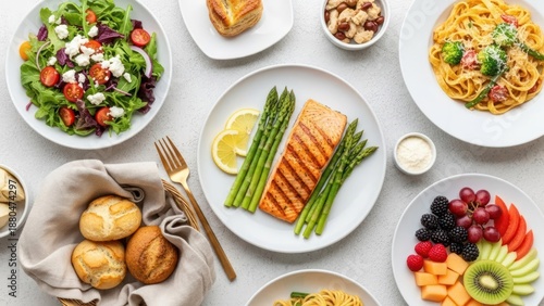 Overhead view of a diverse, colorful, and healthy meal, elegantly arranged on a bright surface
