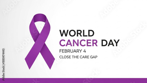 World cancer day awareness graphic with purple ribbon and text on white background
