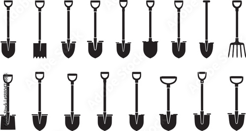 Collection of gardening tools shovels and pitchfork in two rows