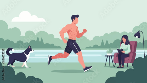 Fit man runs by lake as woman reads in chair with dog nearby