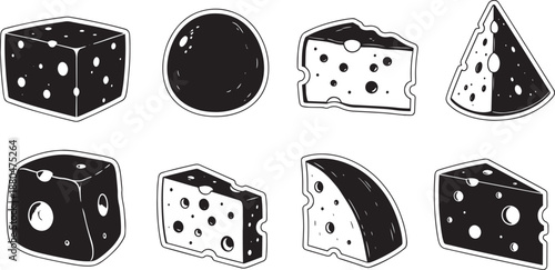 Assorted cheese pieces and whole round shape outline drawings