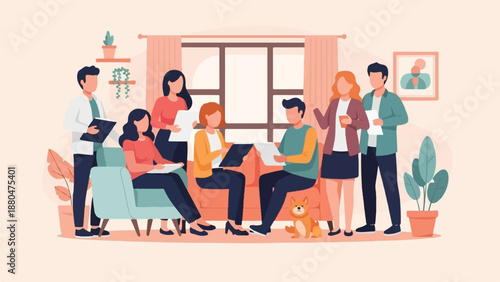 Diverse group of people collaborate indoors with plants and a pet dog