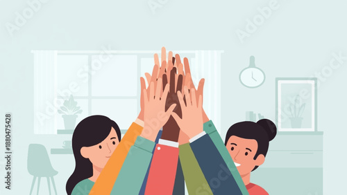 Diverse group of people from behind giving a high five, celebrating