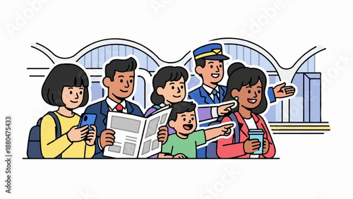 Diverse group of people in a modern station, seeking directions and information