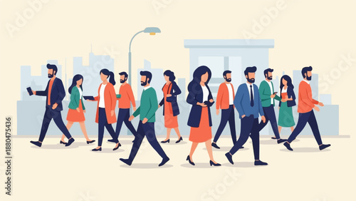 Diverse group of people in business attire walking on a street