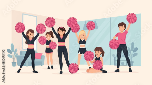 Diverse group of people in sporty attire with pink pom-poms, ready to perform