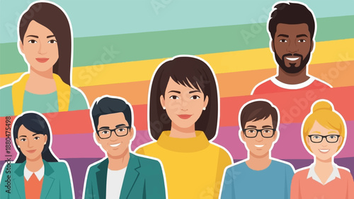 Diverse group of people smiling against a colorful striped background