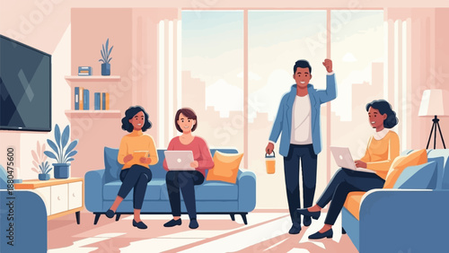Diverse group of people working together indoors in a modern living space