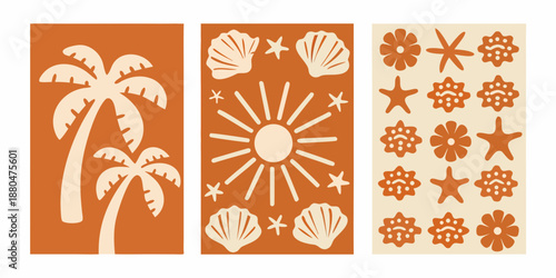 a set of three beach themed stencils with palm trees and seashells