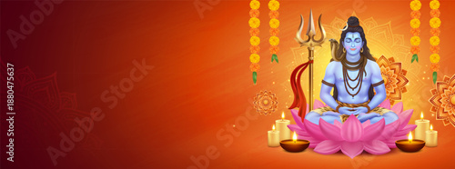 Lord Shiva Meditation Wide Banner with Lotus and Diya Lamps