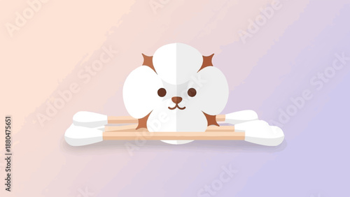 Cute white fluffy character on cotton swabs against gradient background