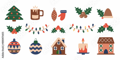 christmas icons and decorations in colorful digital illustrations