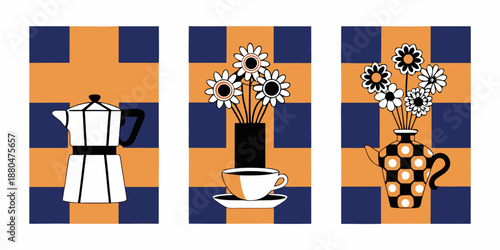 a set of three panels featuring a coffee pot flowers and a teapot