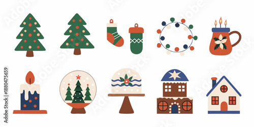 christmas icons including trees stocking wreath mug candle snowglobe house