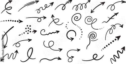 Hand drawn curly spiral arrow pointers sketch set with dots and swirly lines