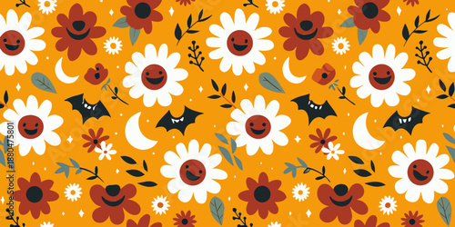A cheerful halloween pattern featuring flowers moons bats and smiling faces