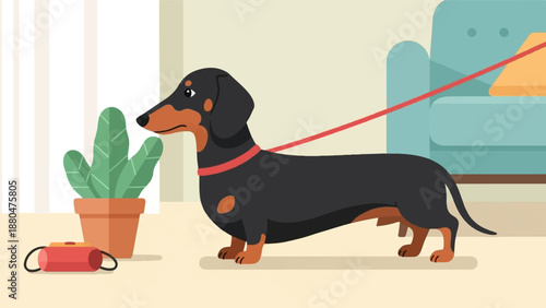 Dachshund on a leash near a plant and a couch inside a home