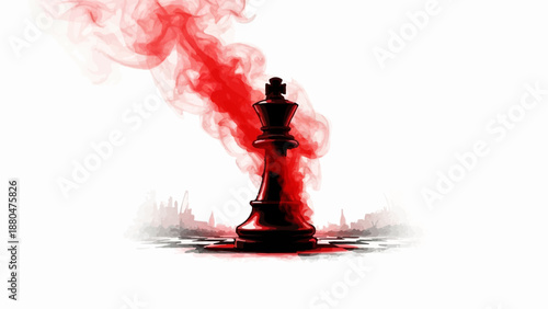 Dark chess piece engulfed in red smoke on a blurred urban background