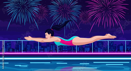 Woman Diving into Swimming Pool at Night with Fireworks
