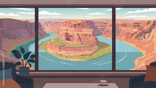Cozy room with a window view of Horseshoe Bend, a desert landscape