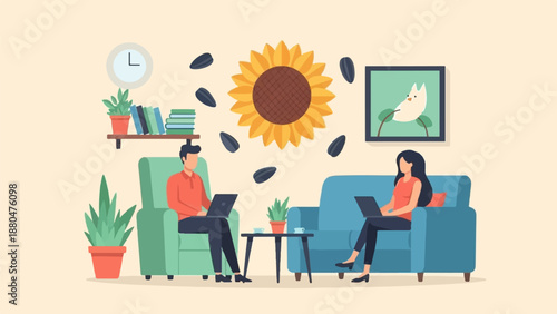 Cozy room with people working on laptops around a sunflower