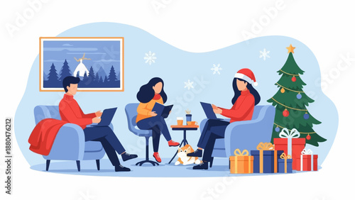 Cozy winter gathering with people, a dog, and Christmas decorations