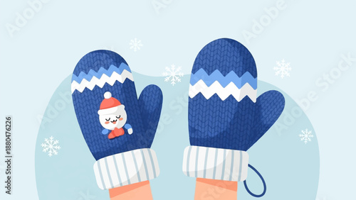 Cozy winter mittens with a cute snowman on one, falling snowflakes