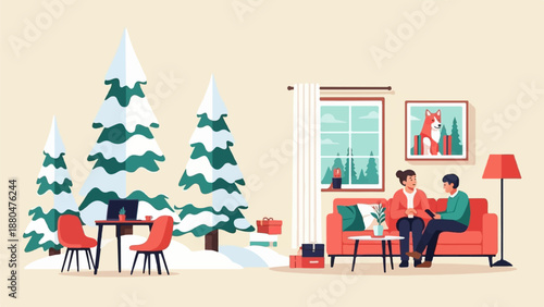 Cozy winter scene couple indoors, snow-covered trees outside, gifts nearby
