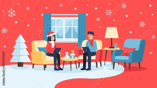 Cozy winter scene of two people working on laptops with pets