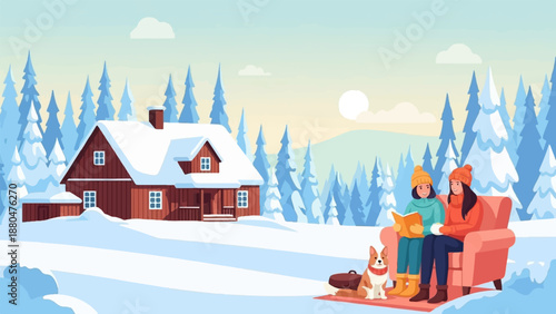 Cozy winter scene two people read a book by a snowy cabin with a dog