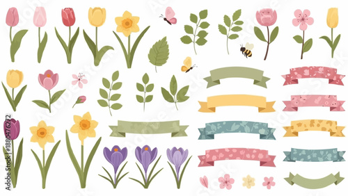 Spring Flowers And Ribbons Collection.