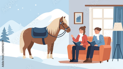 Cozy winter scene with a horse waiting outside and people reading indoors