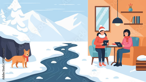 Cozy winter scene with a dog outdoors and people inside a warm cafe