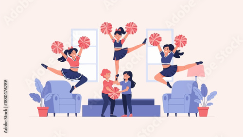 Energetic cheerleaders perform acrobatic leaps and lifts indoors