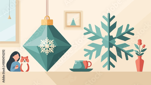 Cozy winter scene with a person, pet, ornament, snowflake, and flowers