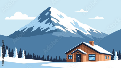 Cozy wooden cabin nestled in snowy landscape against majestic snow-capped mountains